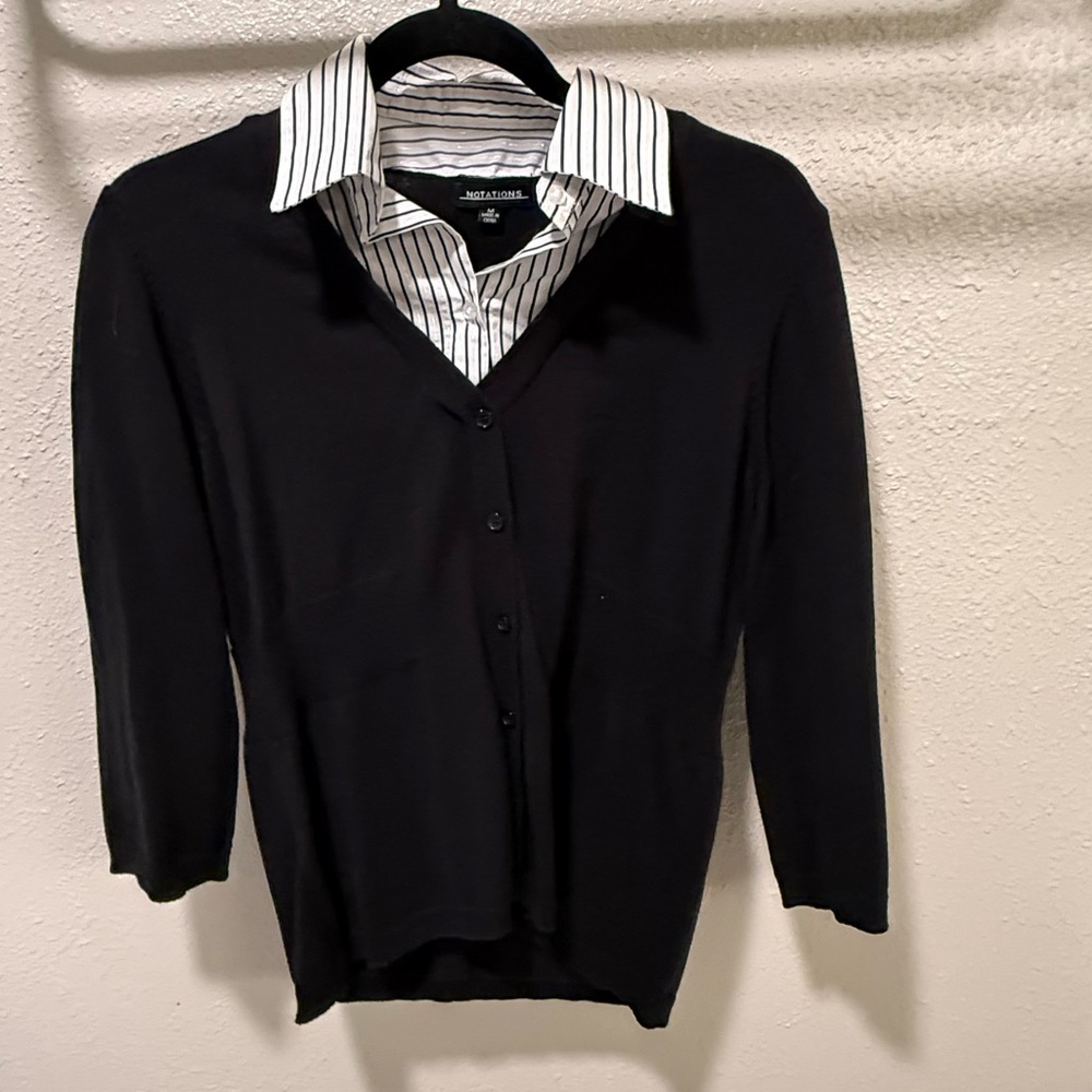 Notations Women’s Black Cardigan with Striped and Embellished Collar Size M